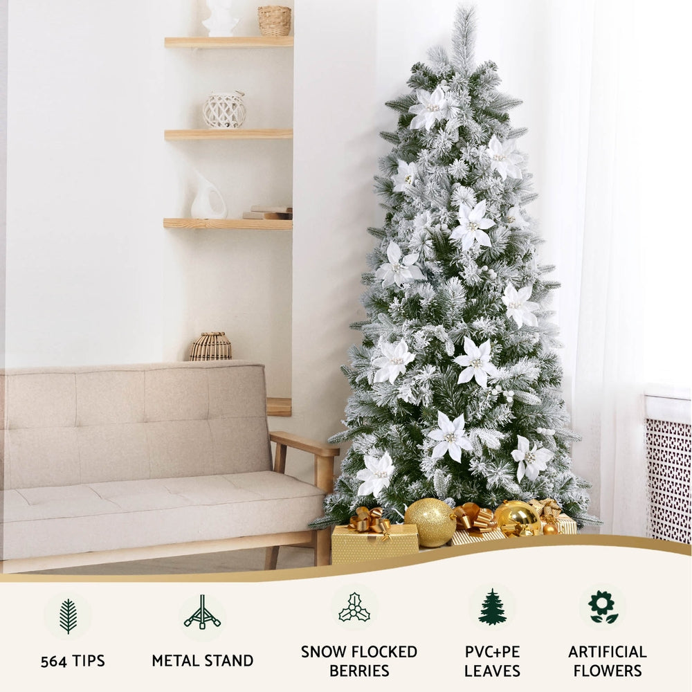Jingle Jollys 1.8m Snow Flocked Christmas Tree with Flowers and Berries Decor