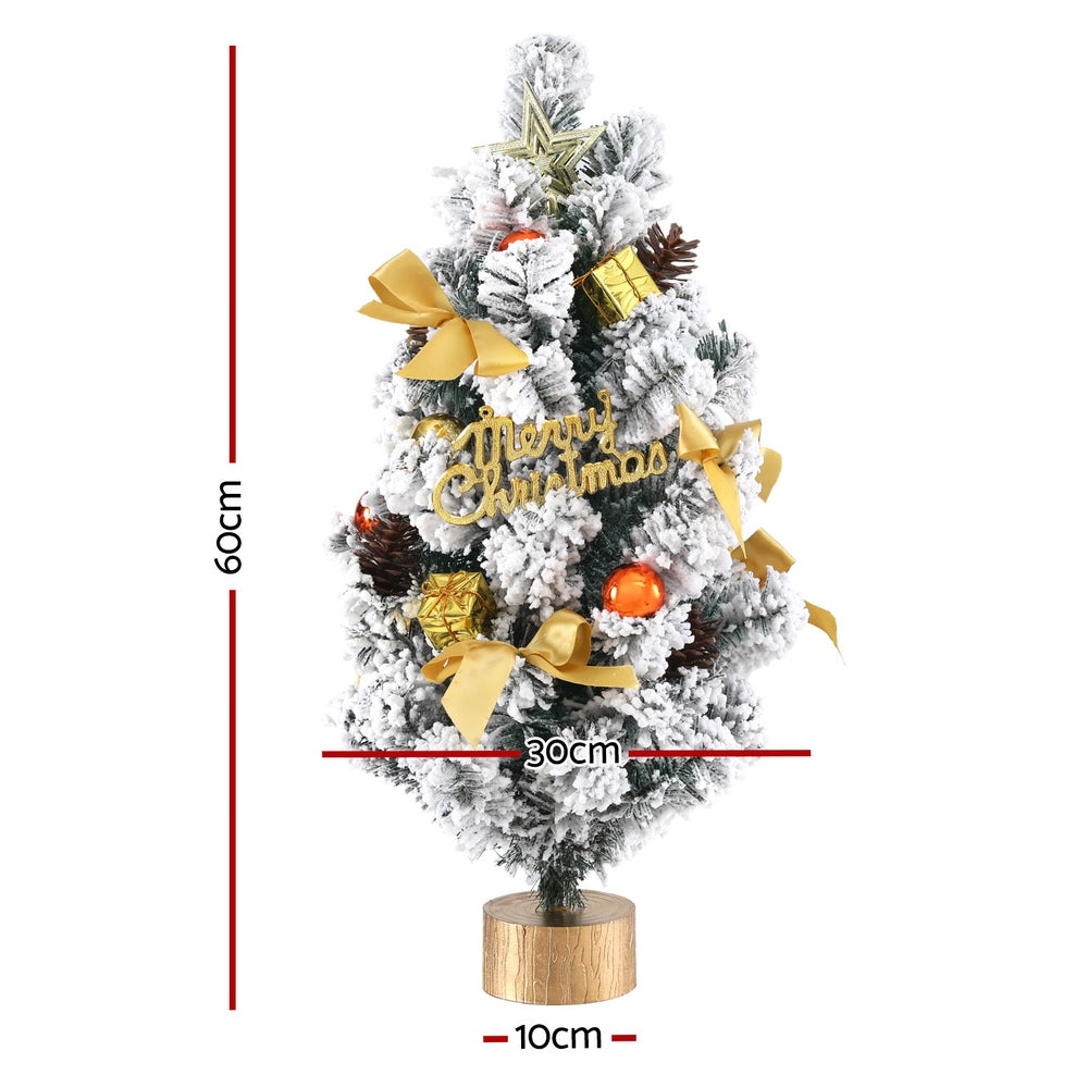 Jingle Jollys 60CM Snowy Tabletop Christmas Tree with Ornaments