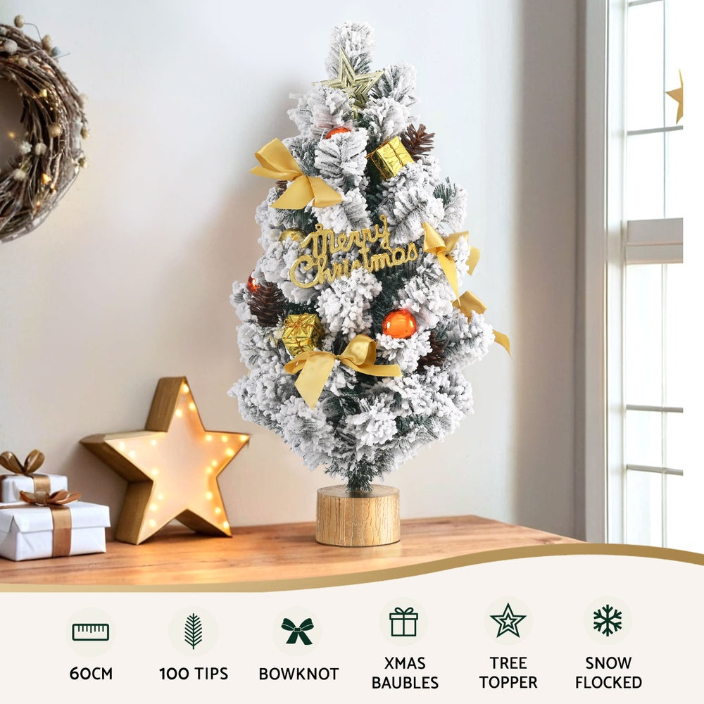 Jingle Jollys 60CM Snowy Tabletop Christmas Tree with Ornaments
