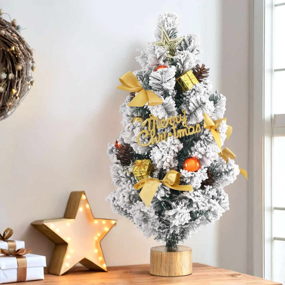 Jingle Jollys 60CM Snowy Tabletop Christmas Tree with Ornaments