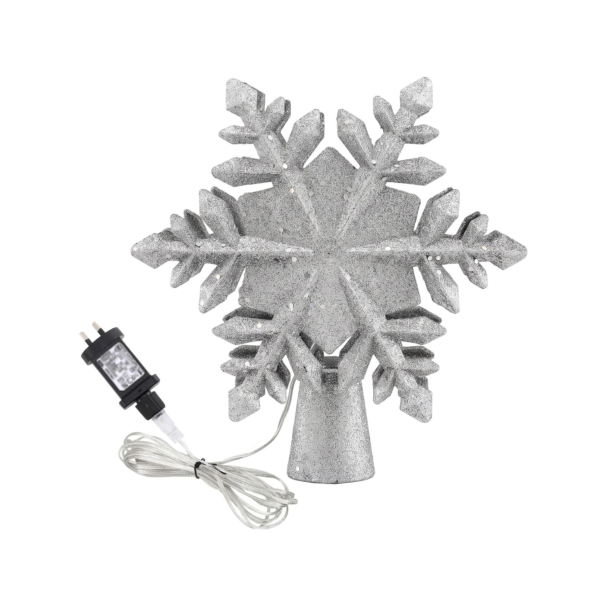 Jingle Jollys Christmas Tree Topper Lighted 360° Rotating Snowflake Projector Silver Glitter