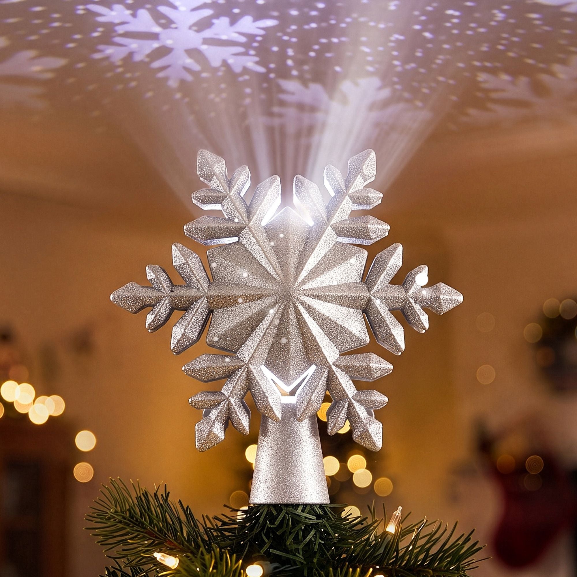 Jingle Jollys Christmas Tree Topper Lighted 360° Rotating Snowflake Projector Silver Glitter