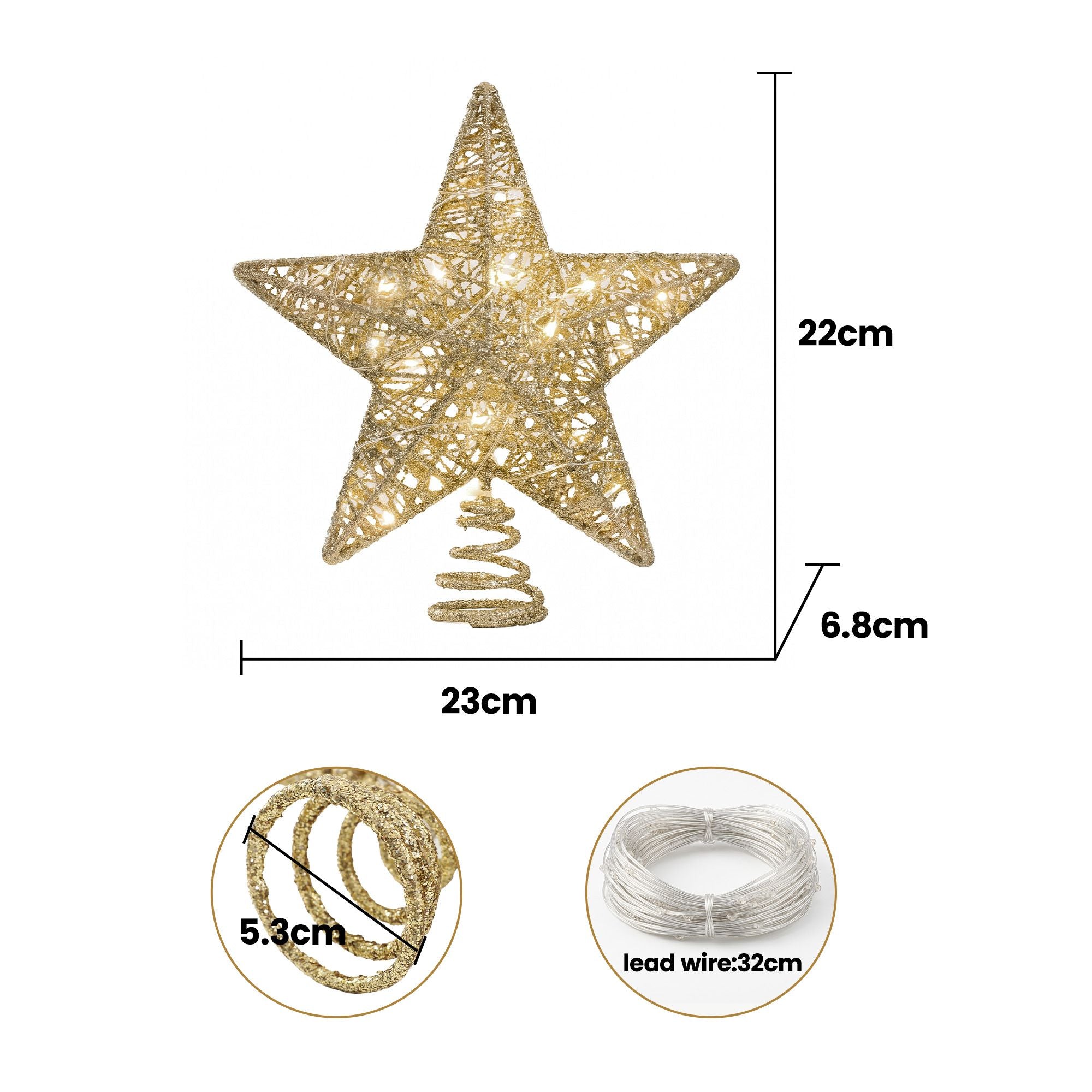 Jingle Jollys 3D Christmas Tree Topper Star 20 Warm LED Lights Gold Glitter
