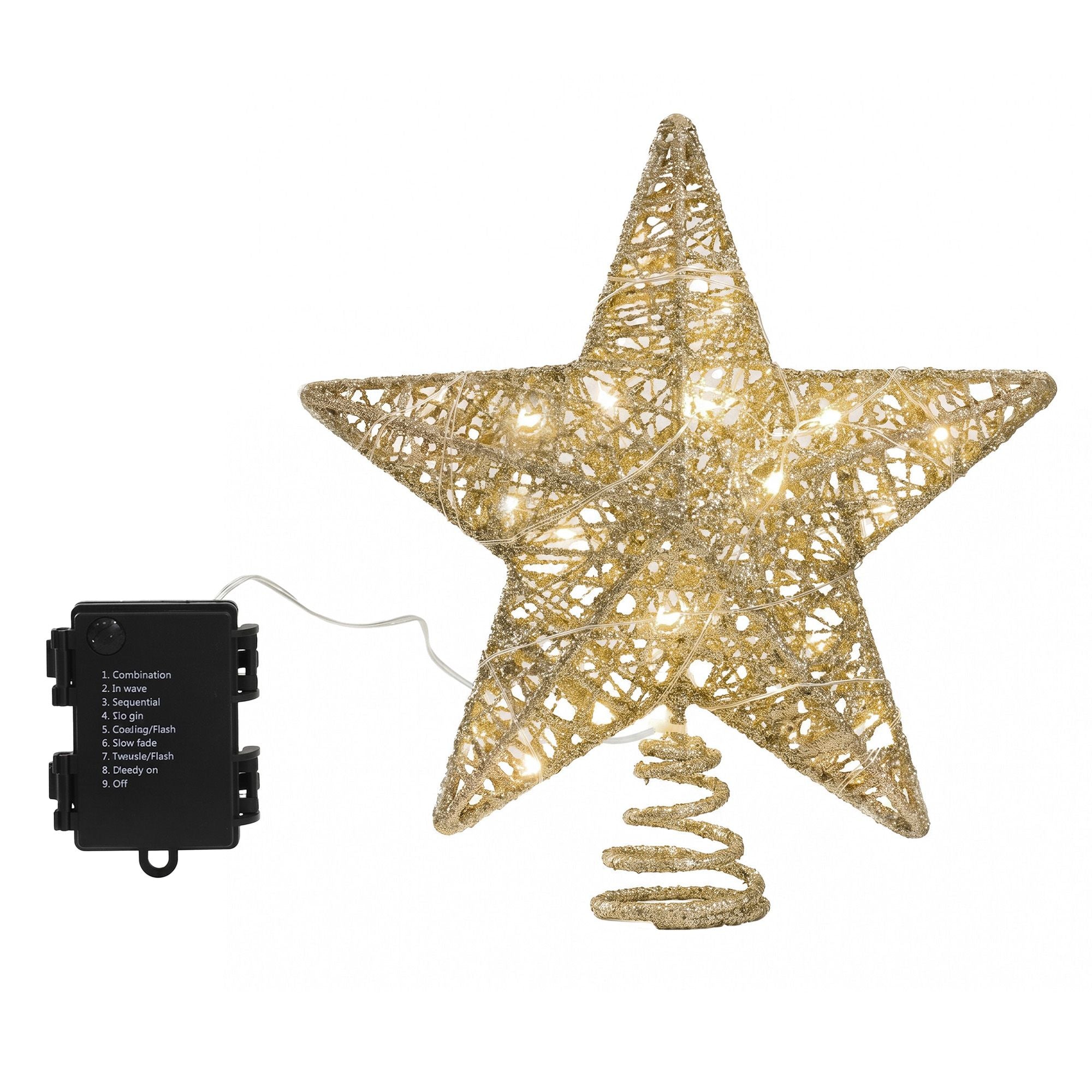 Jingle Jollys 3D Christmas Tree Topper Star 20 Warm LED Lights Gold Glitter