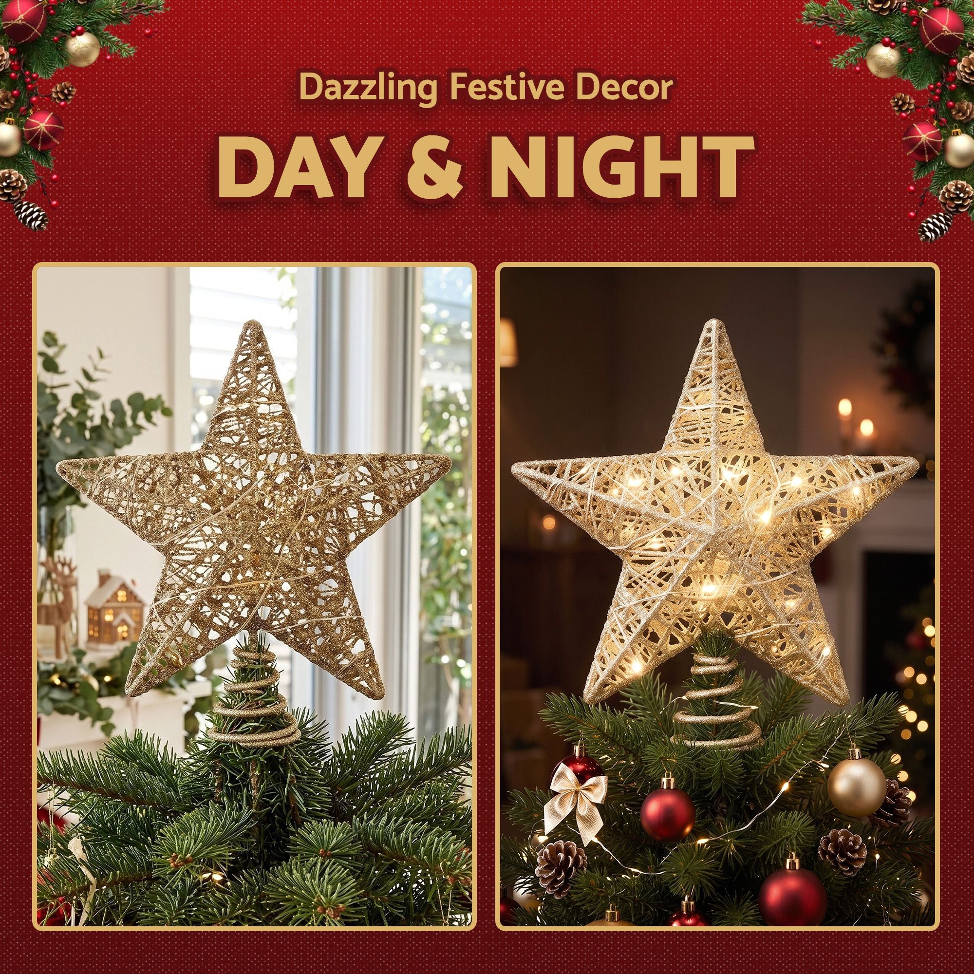Jingle Jollys 3D Christmas Tree Topper Star 20 Warm LED Lights Gold Glitter