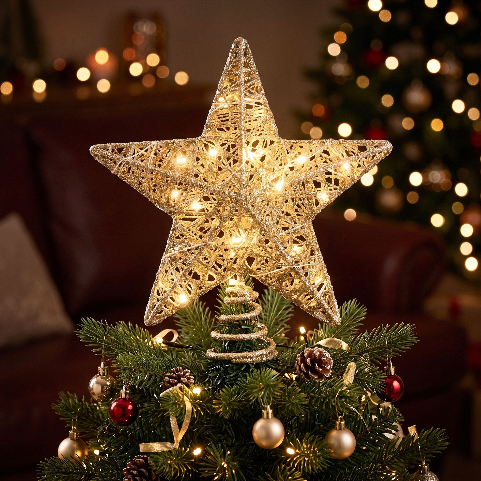 Jingle Jollys 3D Christmas Tree Topper Star 20 Warm LED Lights Gold Glitter