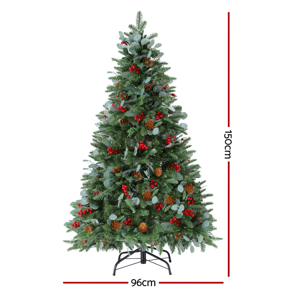 Jingle Jollys 150cm LED Christmas Tree 160 Lights Pine Cones Red Berries