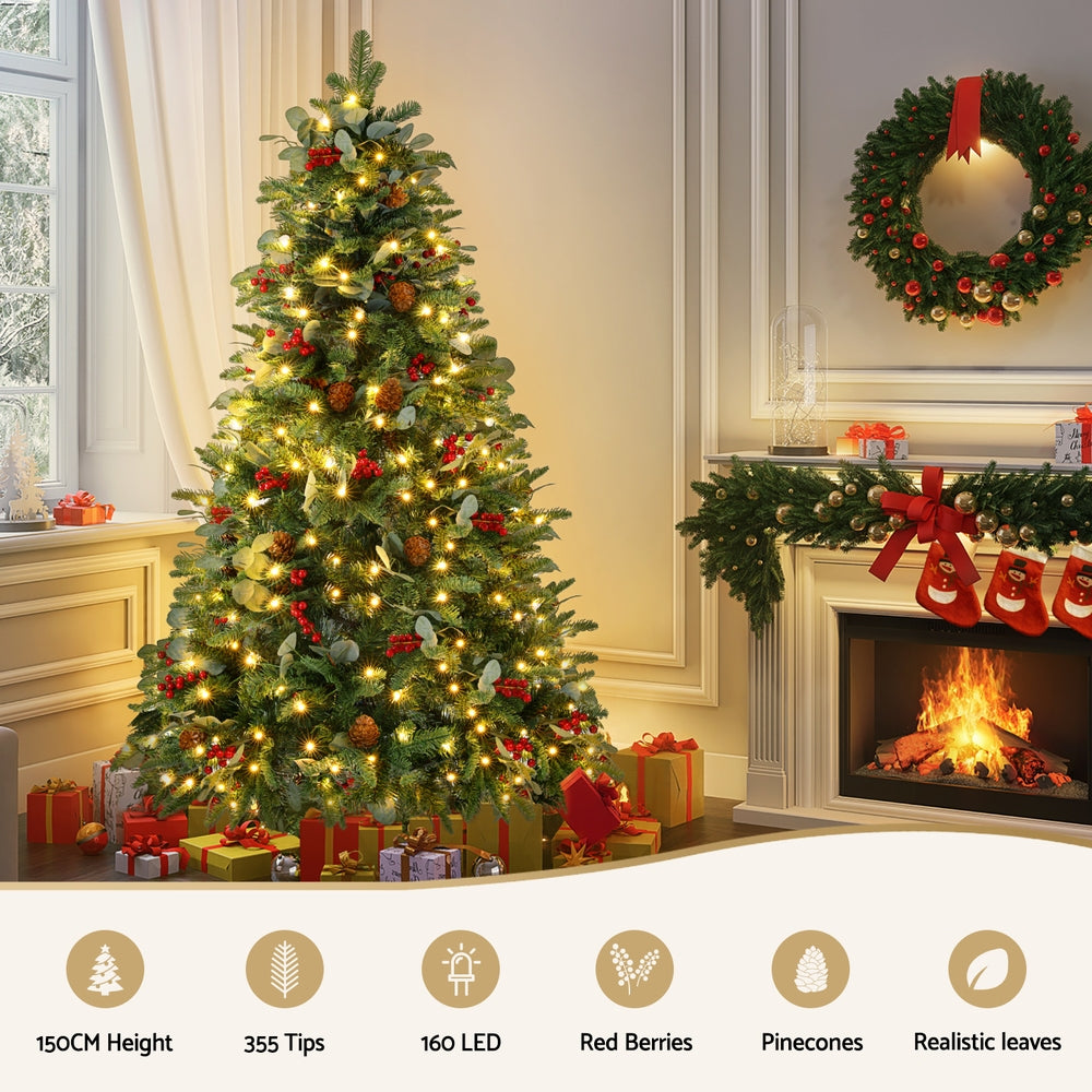 Jingle Jollys 150cm LED Christmas Tree 160 Lights Pine Cones Red Berries