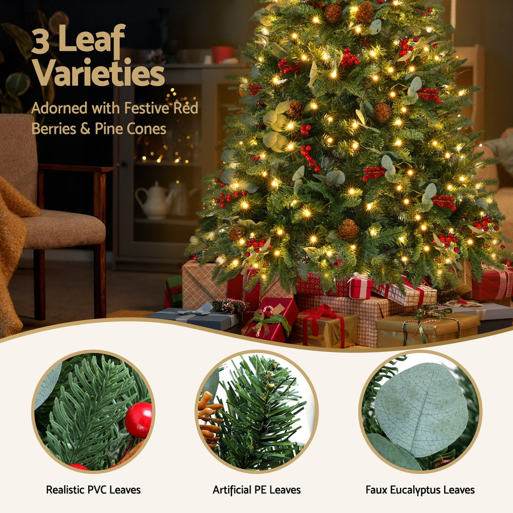 Jingle Jollys 150cm LED Christmas Tree 160 Lights Pine Cones Red Berries