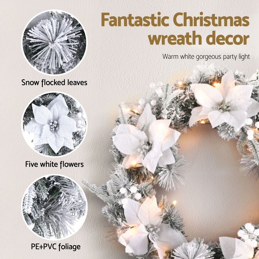Jingle Jollys 60cm Christmas Wreath LED Snowy Flowers Garland