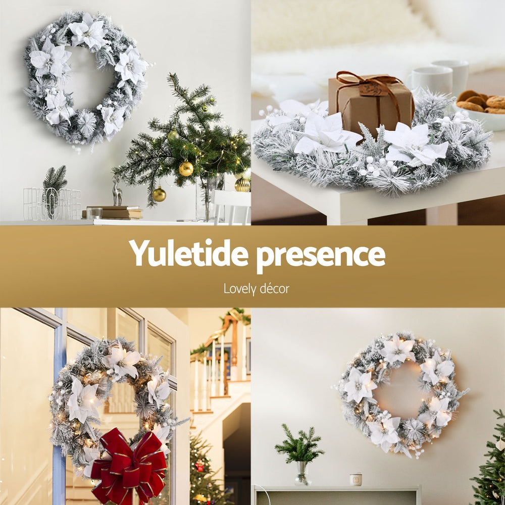 Jingle Jollys 60cm Christmas Wreath LED Snowy Flowers Garland