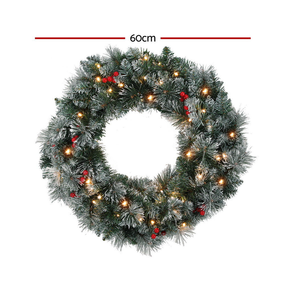 Jingle Jollys 60cm Christmas Wreath LED Lights Snowy Berries Garland