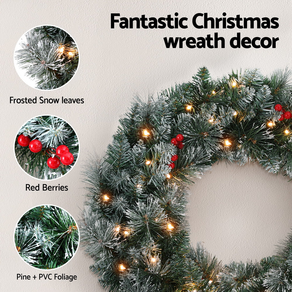 Jingle Jollys 60cm Christmas Wreath LED Lights Snowy Berries Garland