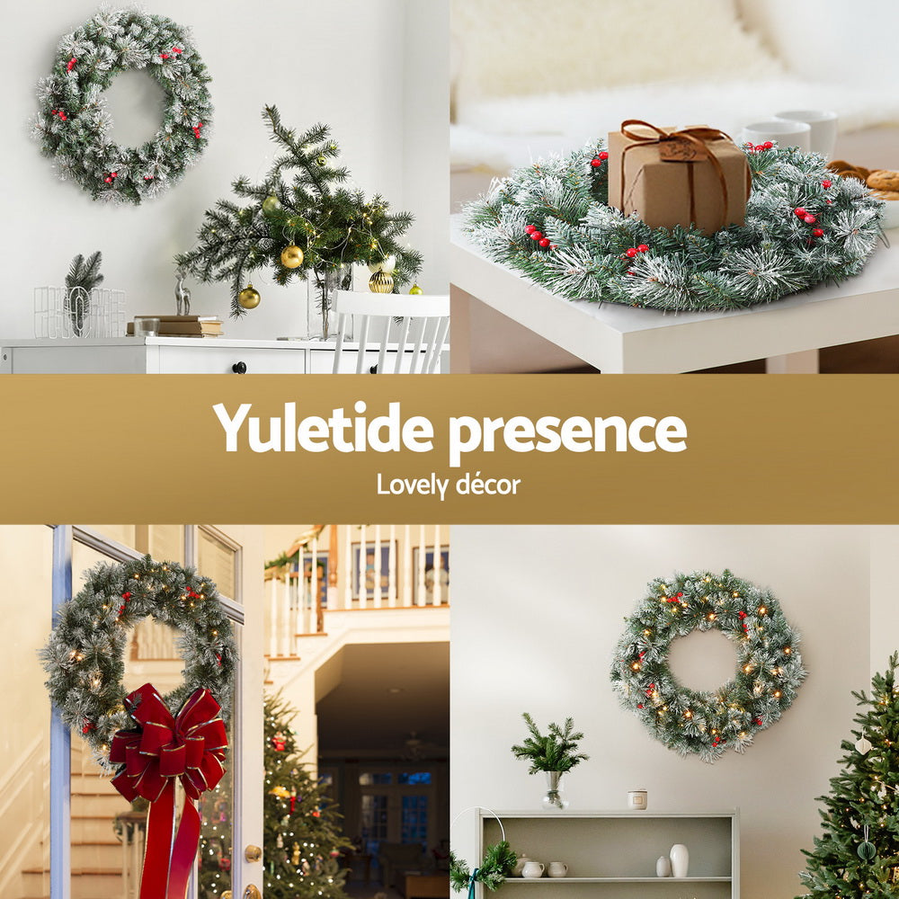 Jingle Jollys 60cm Christmas Wreath LED Lights Snowy Berries Garland