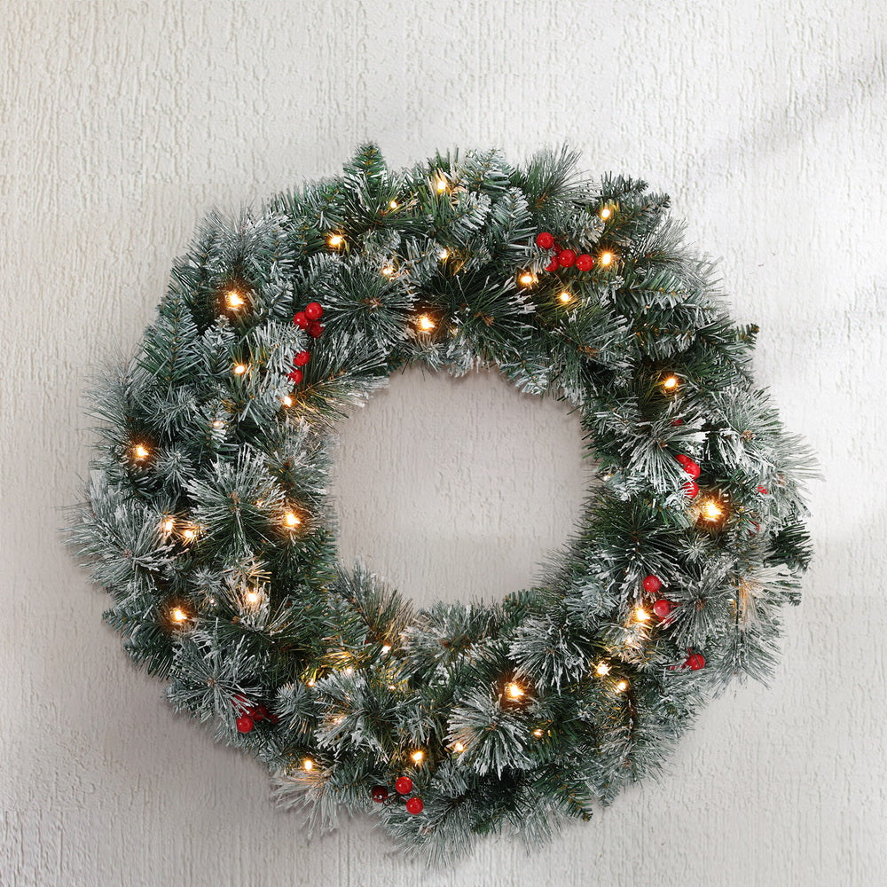 Jingle Jollys 60cm Christmas Wreath LED Lights Snowy Berries Garland