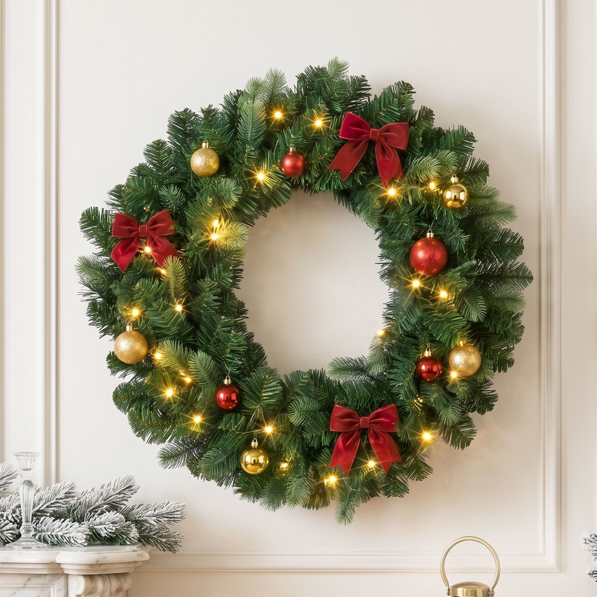 Jingle Jollys 60cm Pre-Lit Christmas Wreath GarlandsWarm White LED Light Door Wreaths Battery Timer