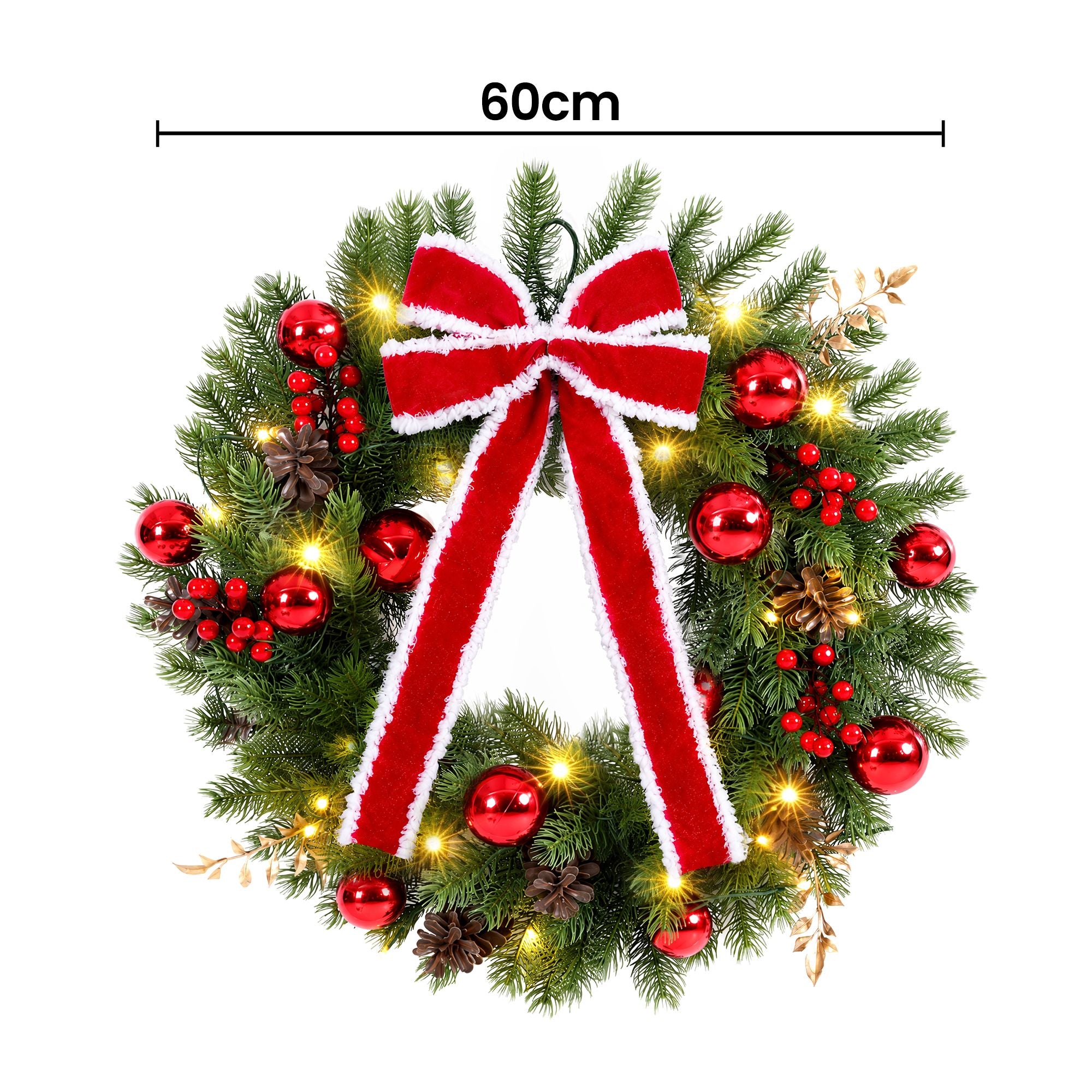 Jingle Jollys 60cm Pre-lit Christmas Wreath Garlands LED Light Front Door Decor Bow