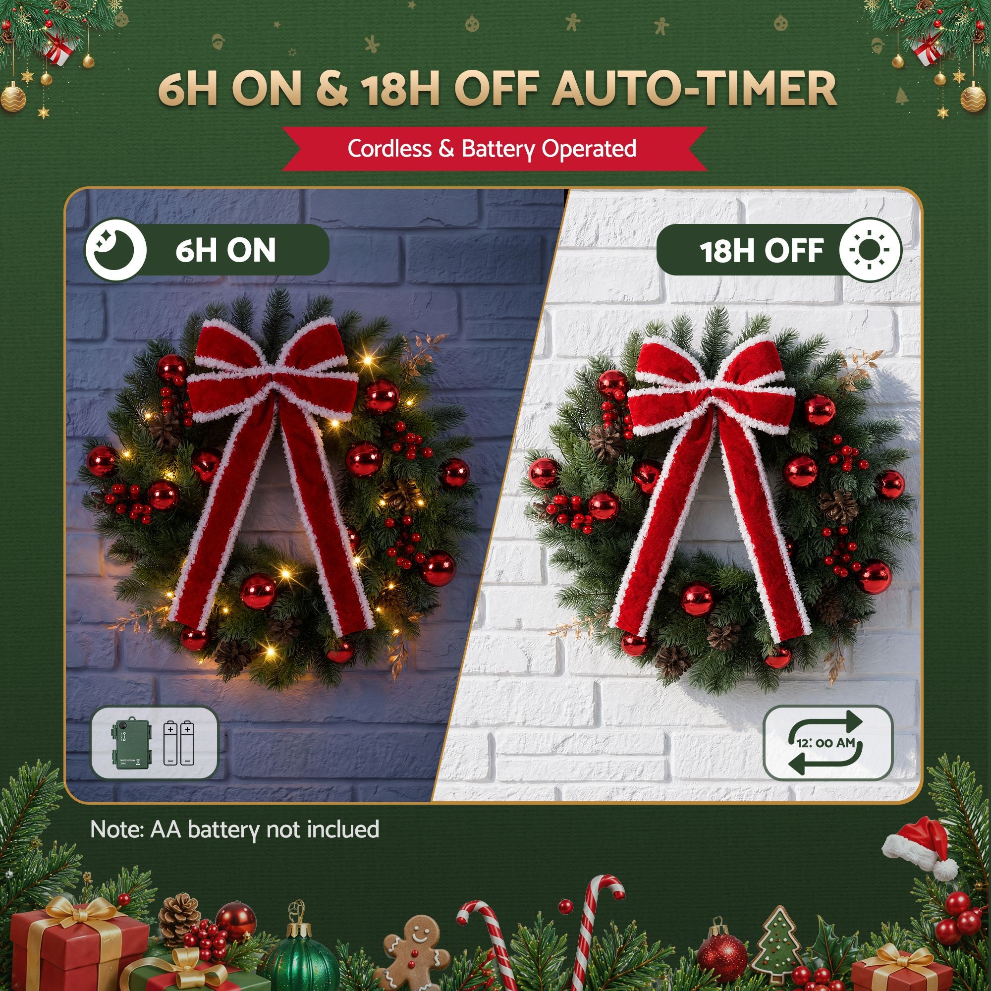 Jingle Jollys 60cm Pre-lit Christmas Wreath Garlands LED Light Front Door Decor Bow