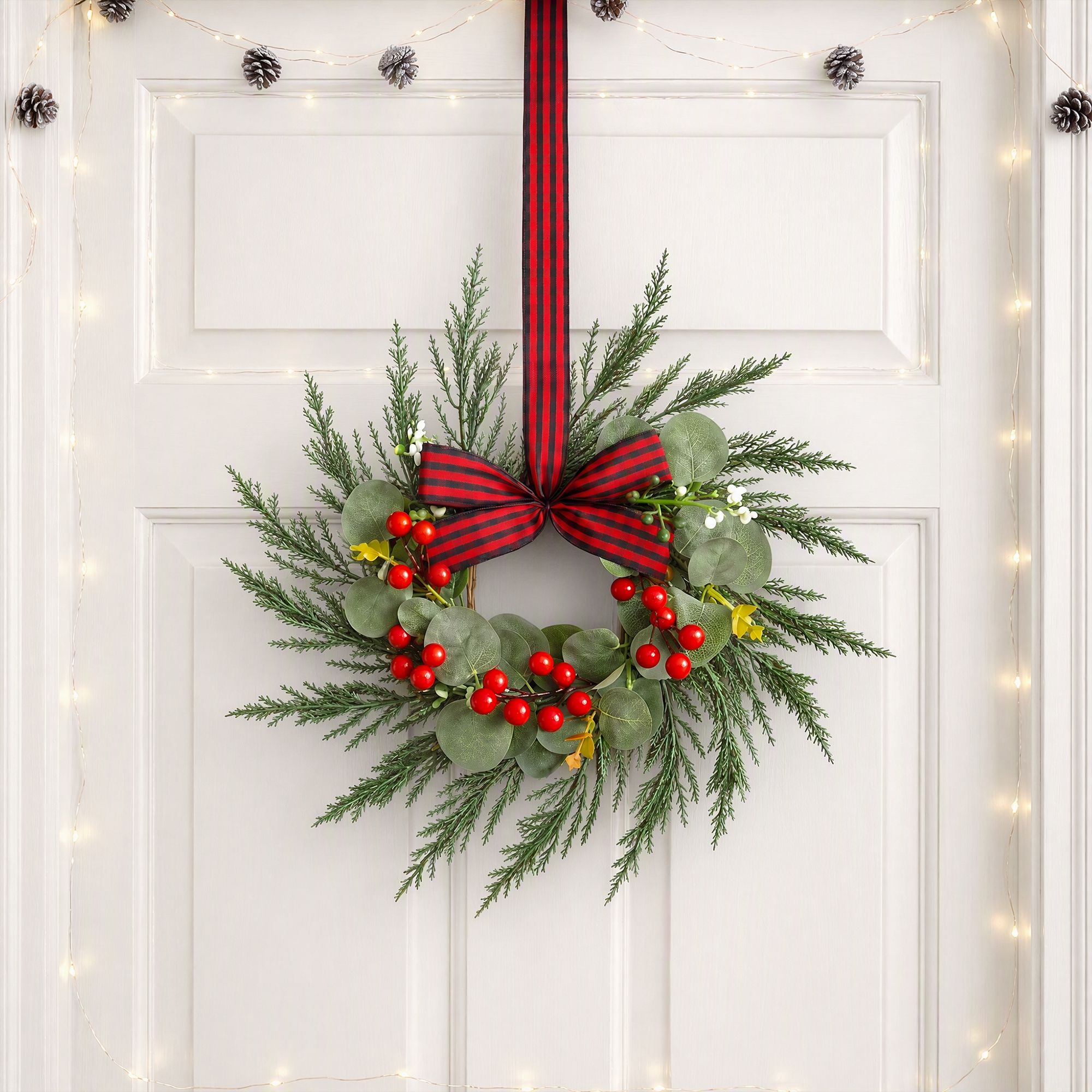 Jingle Jollys 6x Christmas Wreath Garland 26cm Pre-lit Wreaths Red Berries Bow