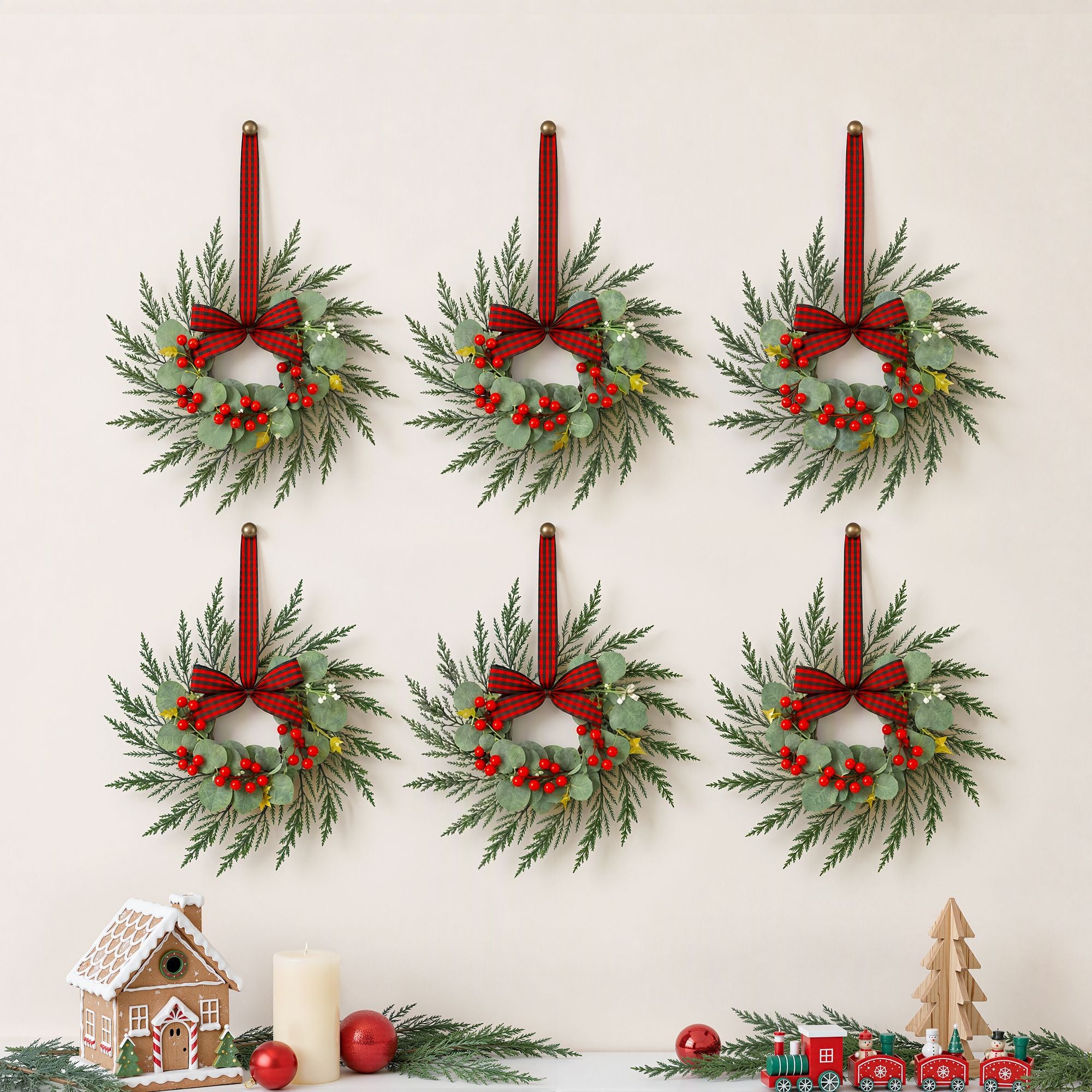 Jingle Jollys 6x Christmas Wreath Garland 26cm Pre-lit Wreaths Red Berries Bow