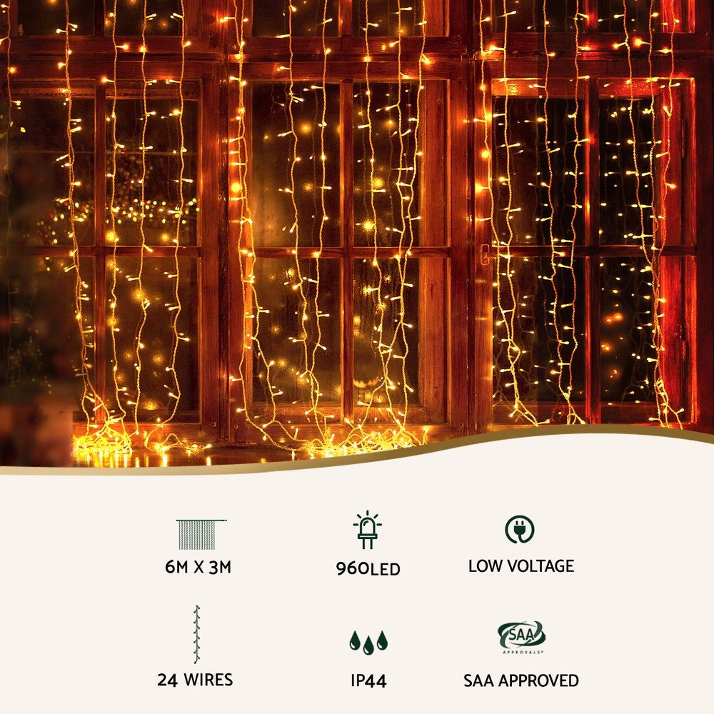 Jingle Jollys 3x6m Curtain Lights 960 LED RGB Remote Christmas Lighting