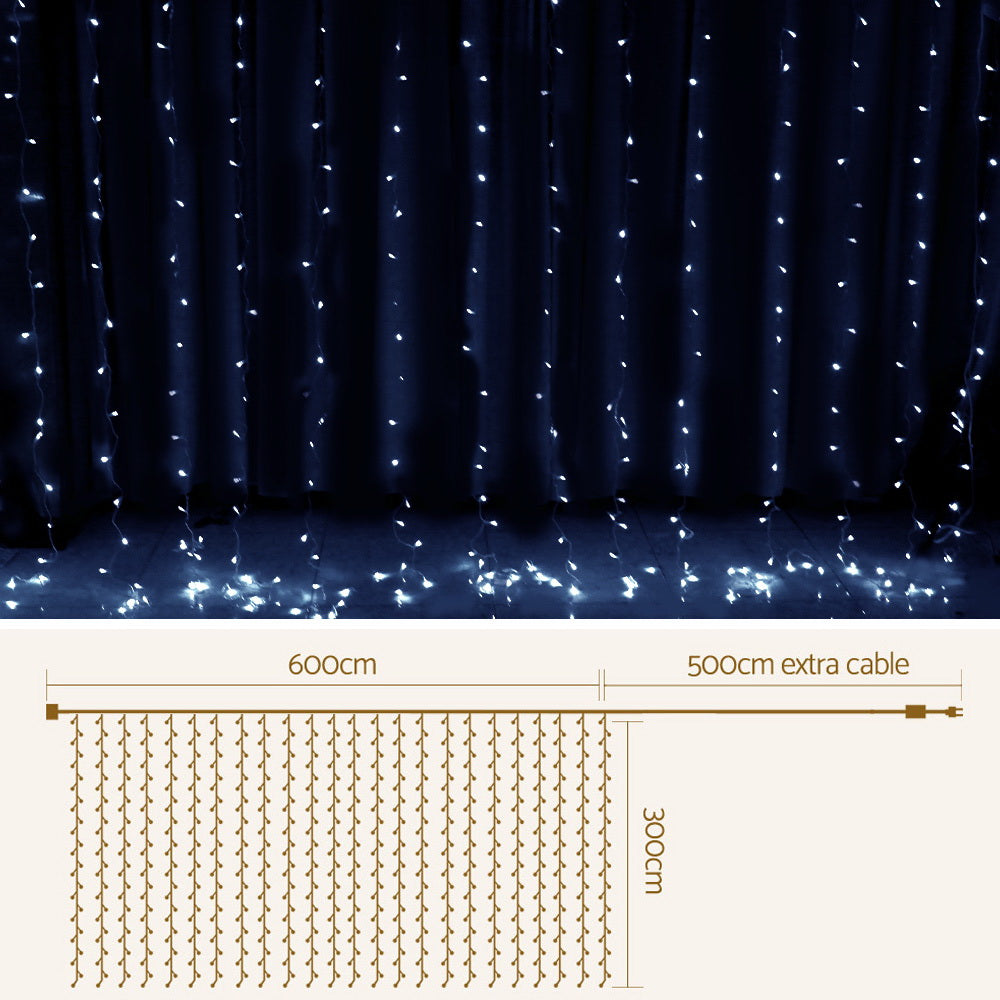 Jingle Jollys 3x6M Curtain Lights 600 LED Cool White Christmas Lighting