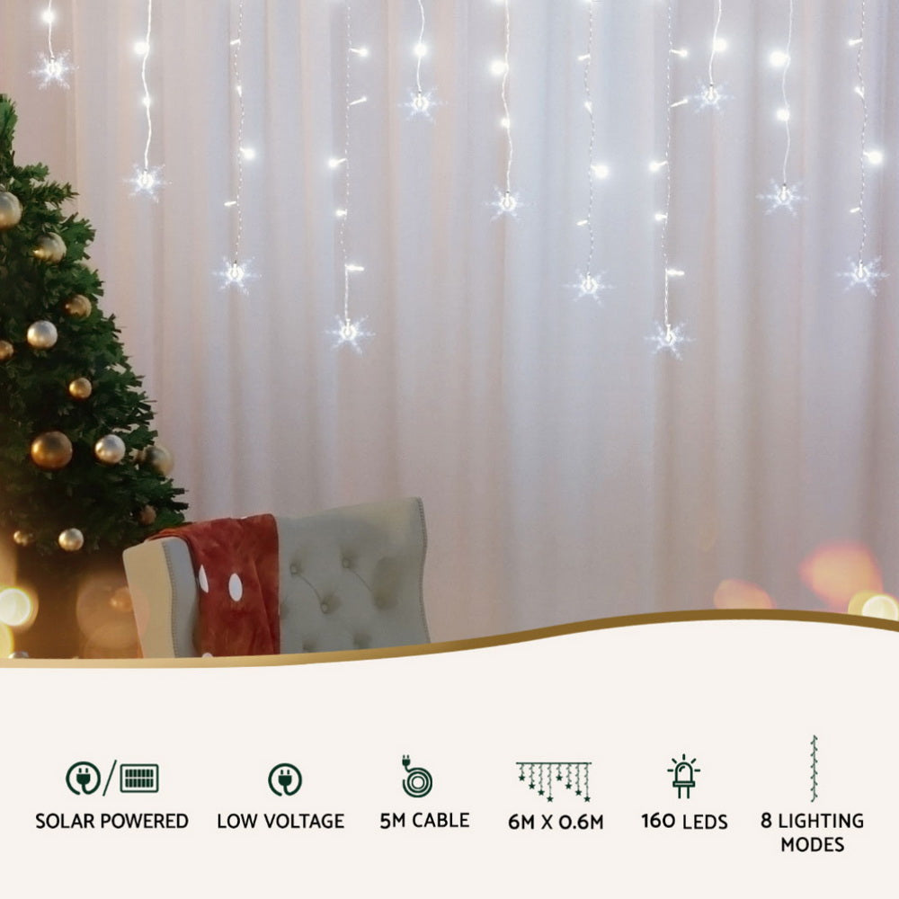 Jingle Jollys 6m Icicle Lights 160 LED Cold White Solar