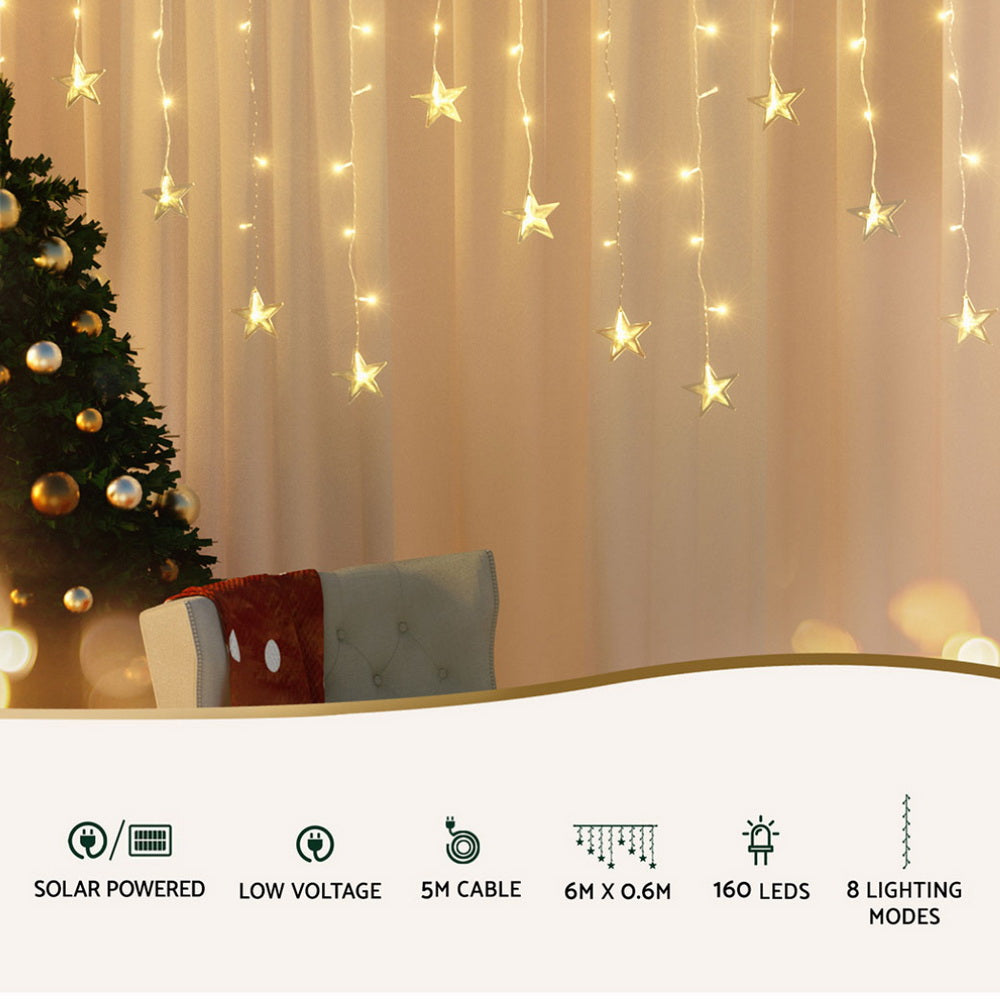 Jingle Jollys 6m Icicle Lights 160 LED Warm White Solar