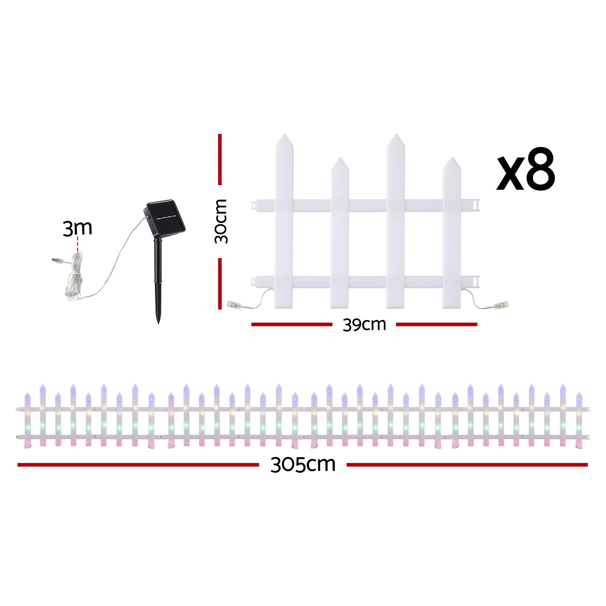 Jingle Jollys 3m Solar Christmas Fence Lights Outdoor Garden Path Decor Multicolour 8pc