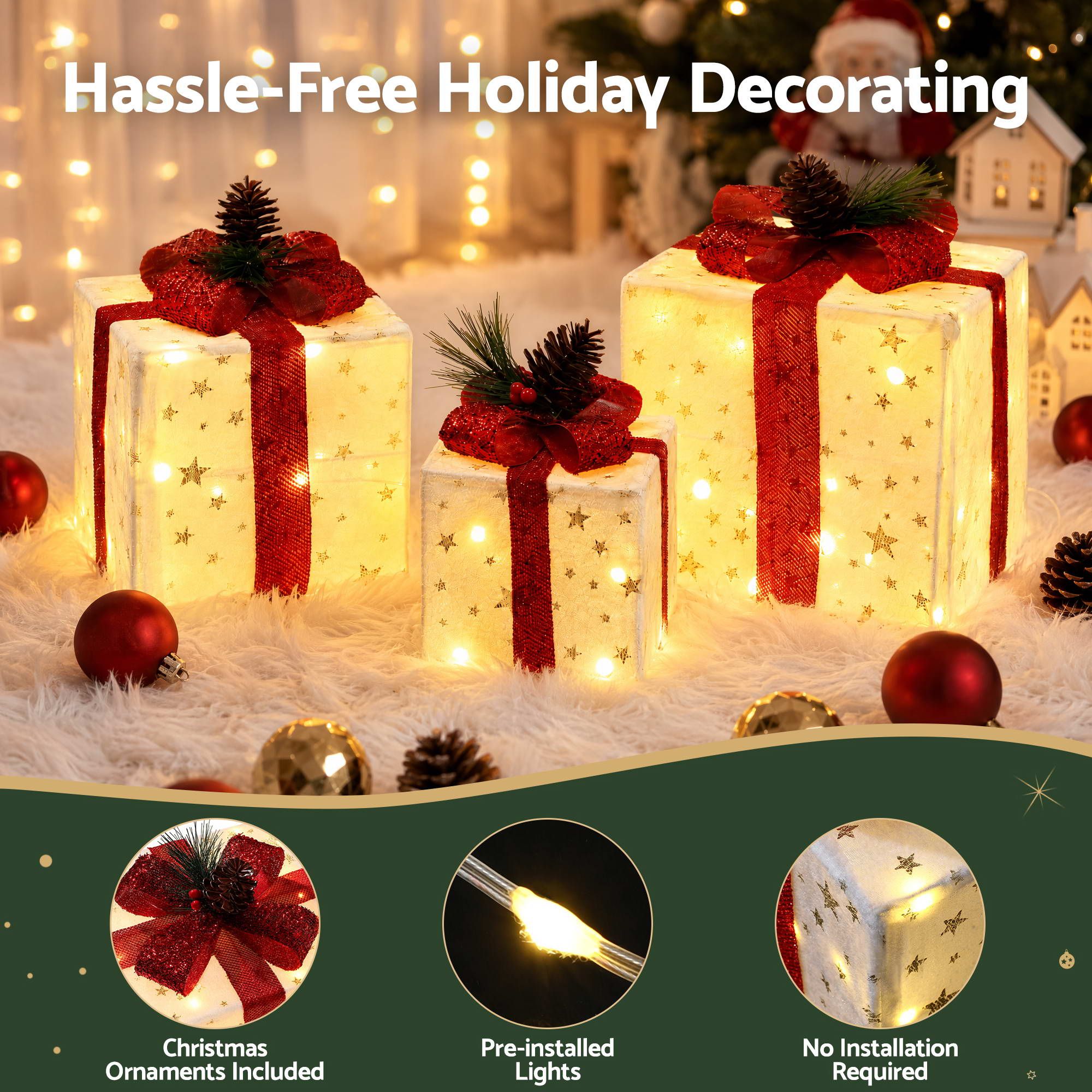 Jingle Jollys Christmas Decorations 3PC Lighted Gift Boxes Christmas Lights