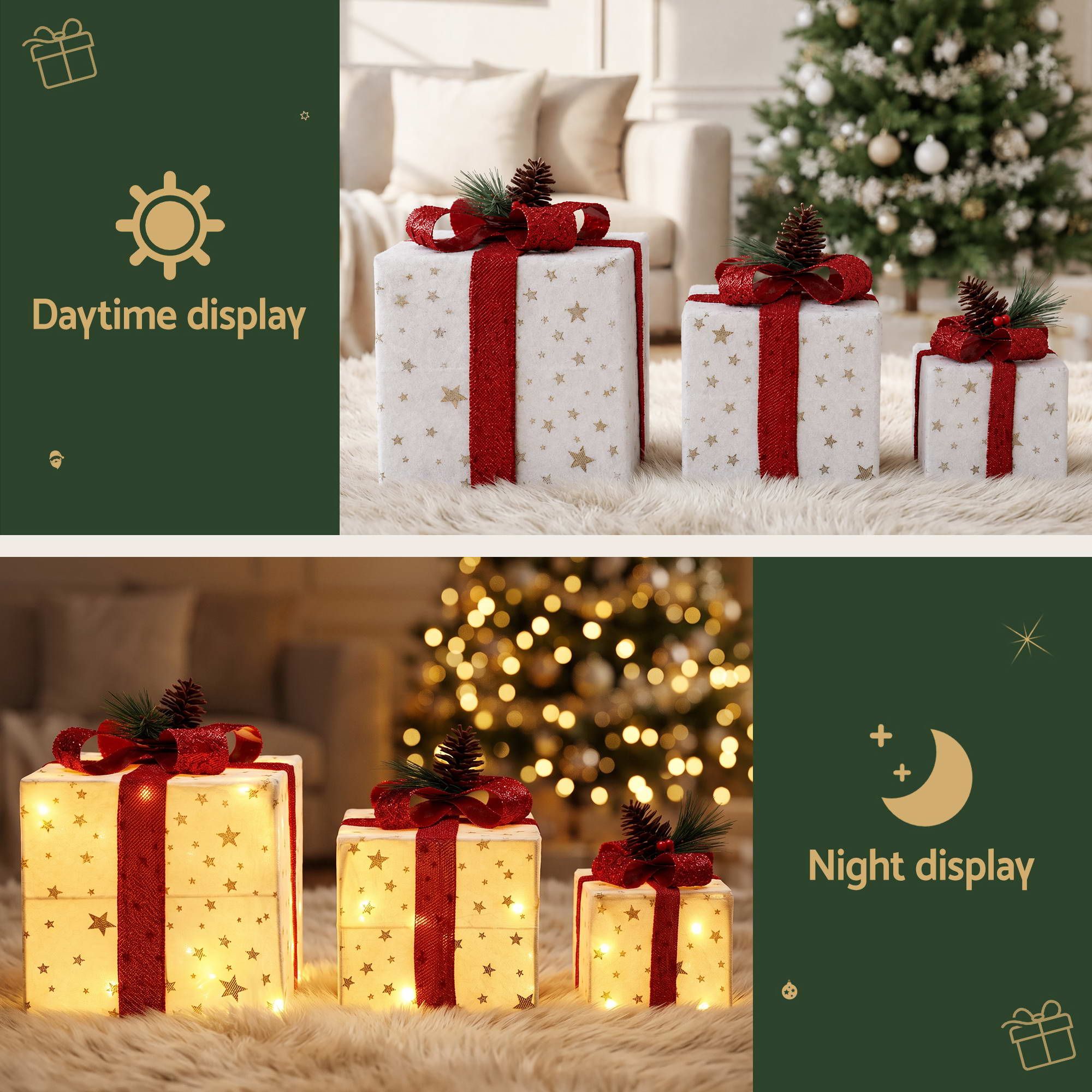 Jingle Jollys Christmas Decorations 3PC Lighted Gift Boxes Christmas Lights
