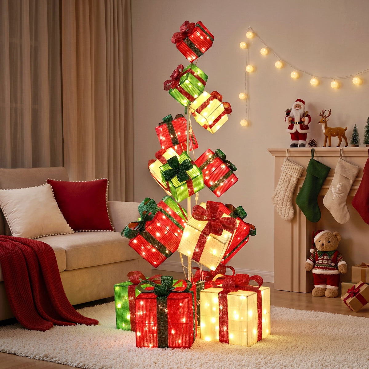Jingle Jollys Christmas Gift Box Tower Pre Lit Stackable 170cm