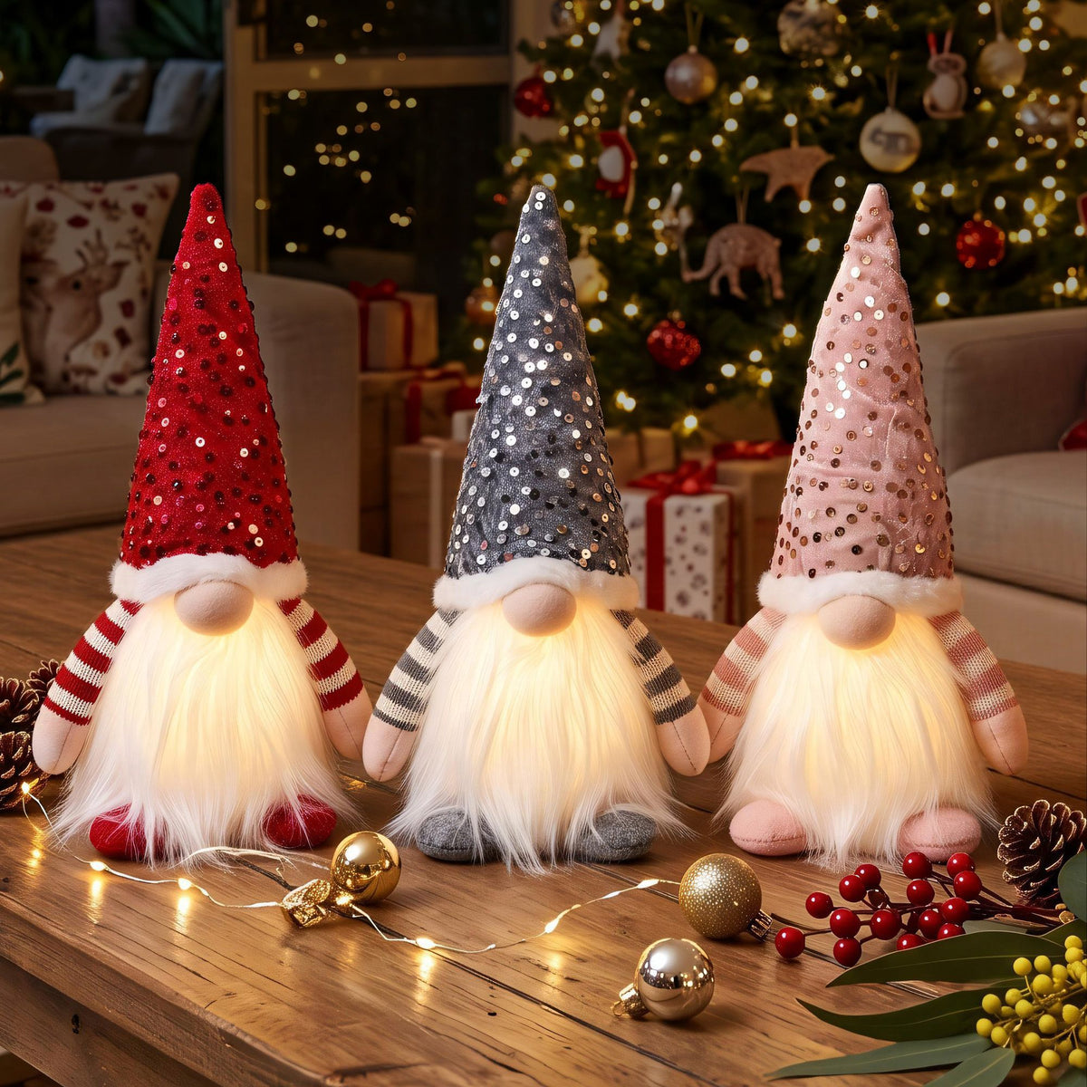 Jingle Jollys Light Up Christmas Gnomes 30cm Set of 3 Warm White