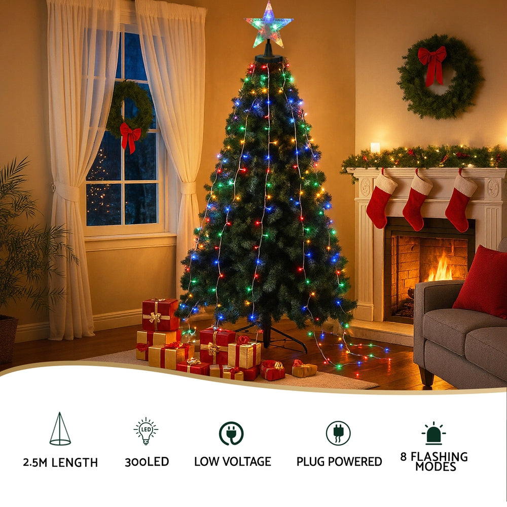 Jingle Jollys 2.5M Waterfall String Lights 300 LED Star Topper Multi-Coloured