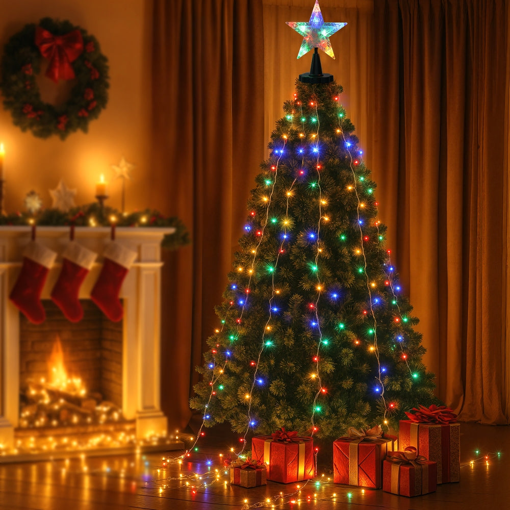 Jingle Jollys 2.5M Waterfall String Lights 300 LED Star Topper Multi-Coloured