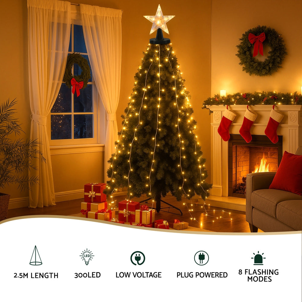 Jingle Jollys 2.5M Christmas Waterfall String Lights 300 LED Star Topper