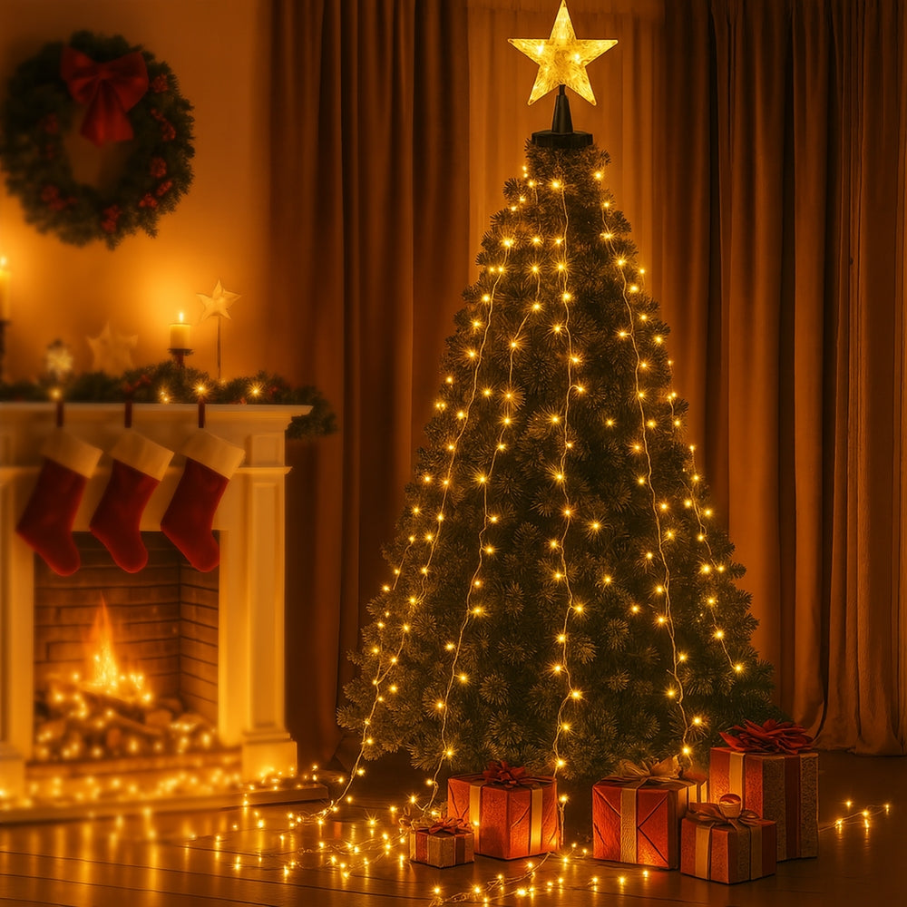 Jingle Jollys 2.5M Christmas Waterfall String Lights 300 LED Star Topper
