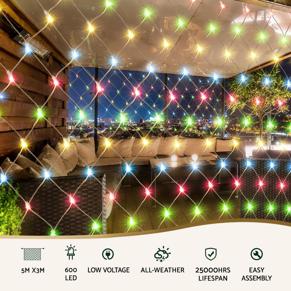 Jingle Jollys 5Mx3M Net String Lights 600 LED Colourful Beads