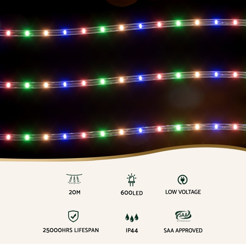 Jingle Jollys 20M Rope Lights 600 LED Multi-Coloured Christmas Decorations