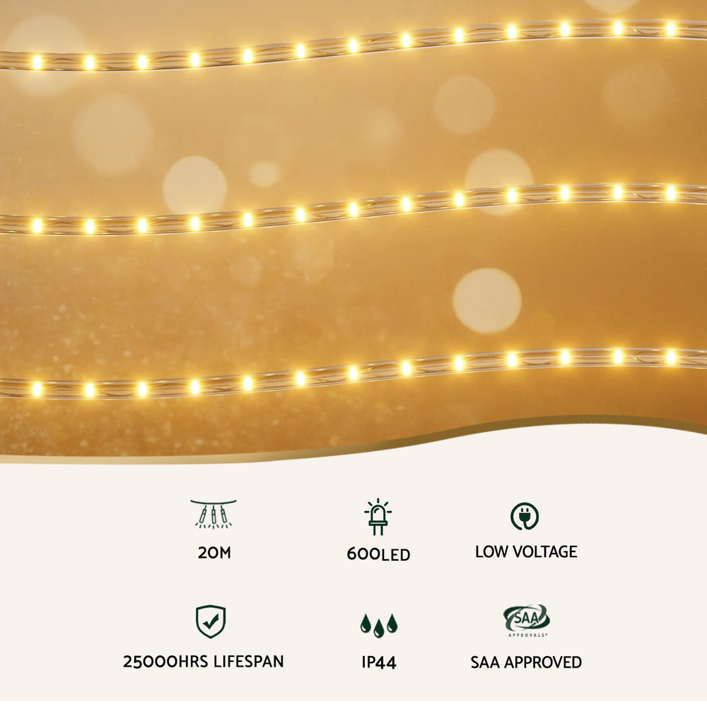 Jingle Jollys 20M LED Rope Lights 600 Warm White Christmas Decorations