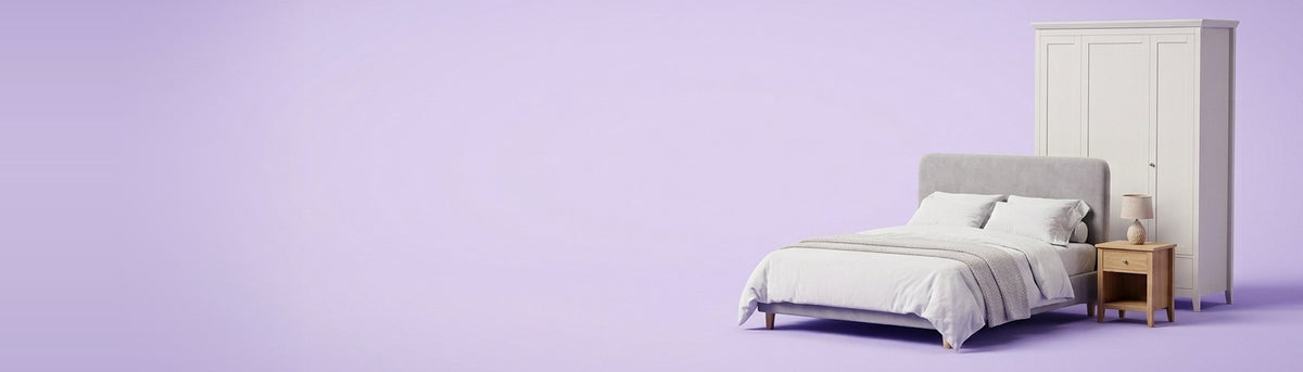 Bedroom hero: bed, bedside table and wardrobe on lavender