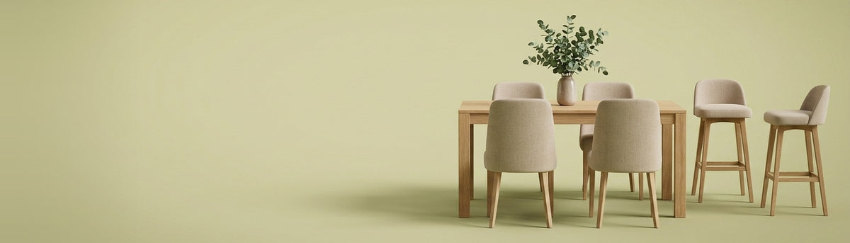 Dining hero: dining table, chairs and bar stools on olive
