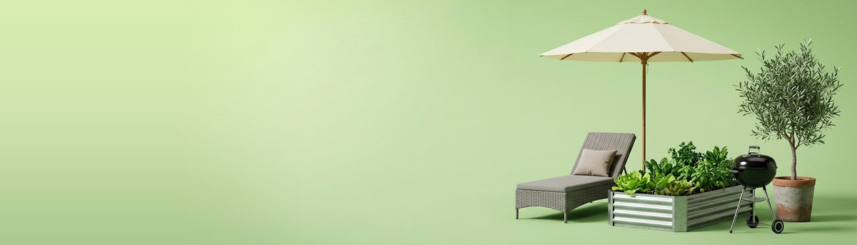 Outdoor lounger, umbrella, raised garden bed and BBQ on a leaf green backdrop