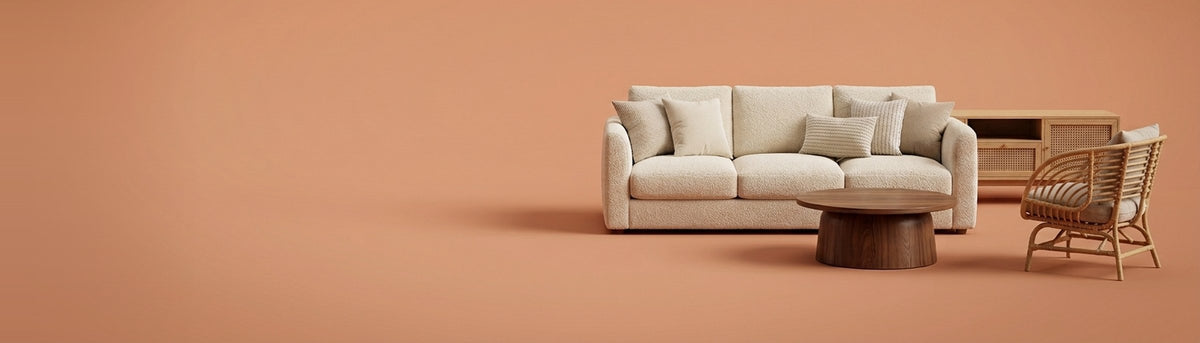 Living room hero: sofa, coffee table, TV unit and armchair on terracotta
