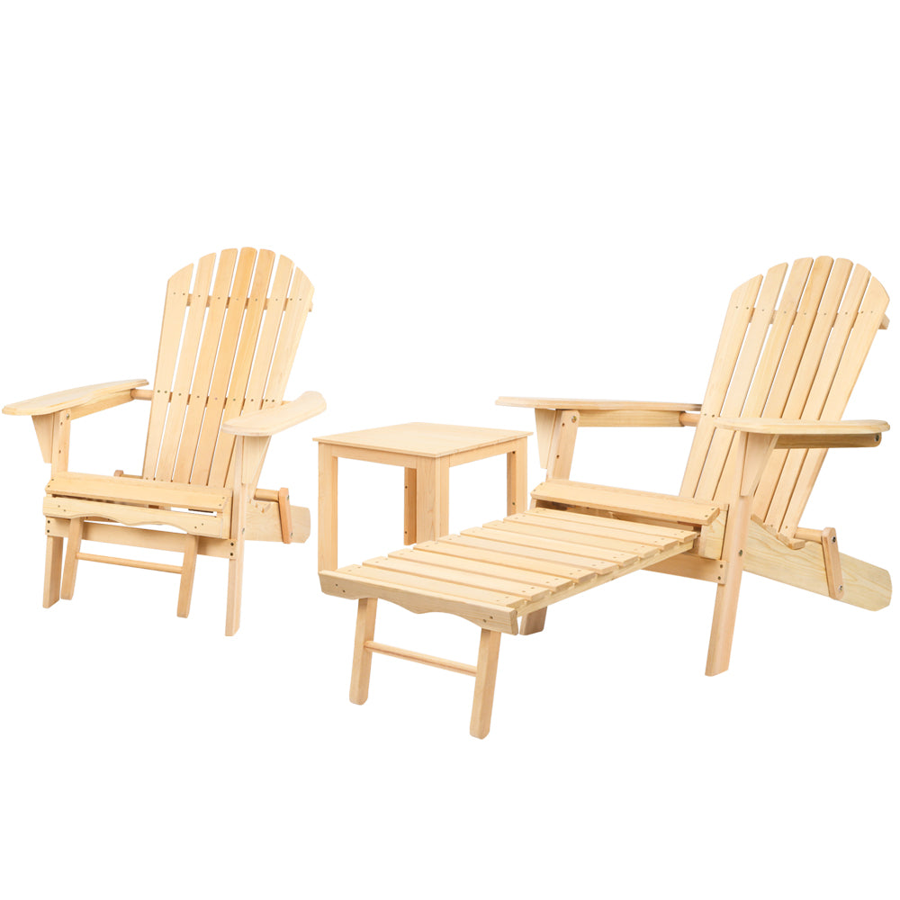 Gardeon 3PC Adirondack Outdoor Table and Chairs? Wooden Sun Lounge Beach Patio Natural