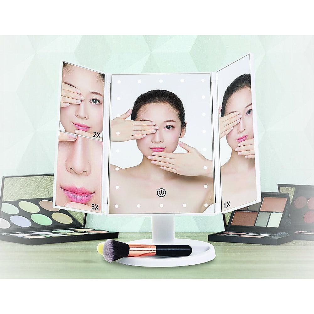 LED Makeup Mirror with 180° Swivel, Tri-Fold, Touch, 22 Lights