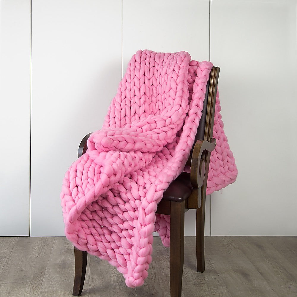 Hand Knitted Chunky Blanket Thick Acrylic Yarn Blanket Home Decor Throw Rug - Pink