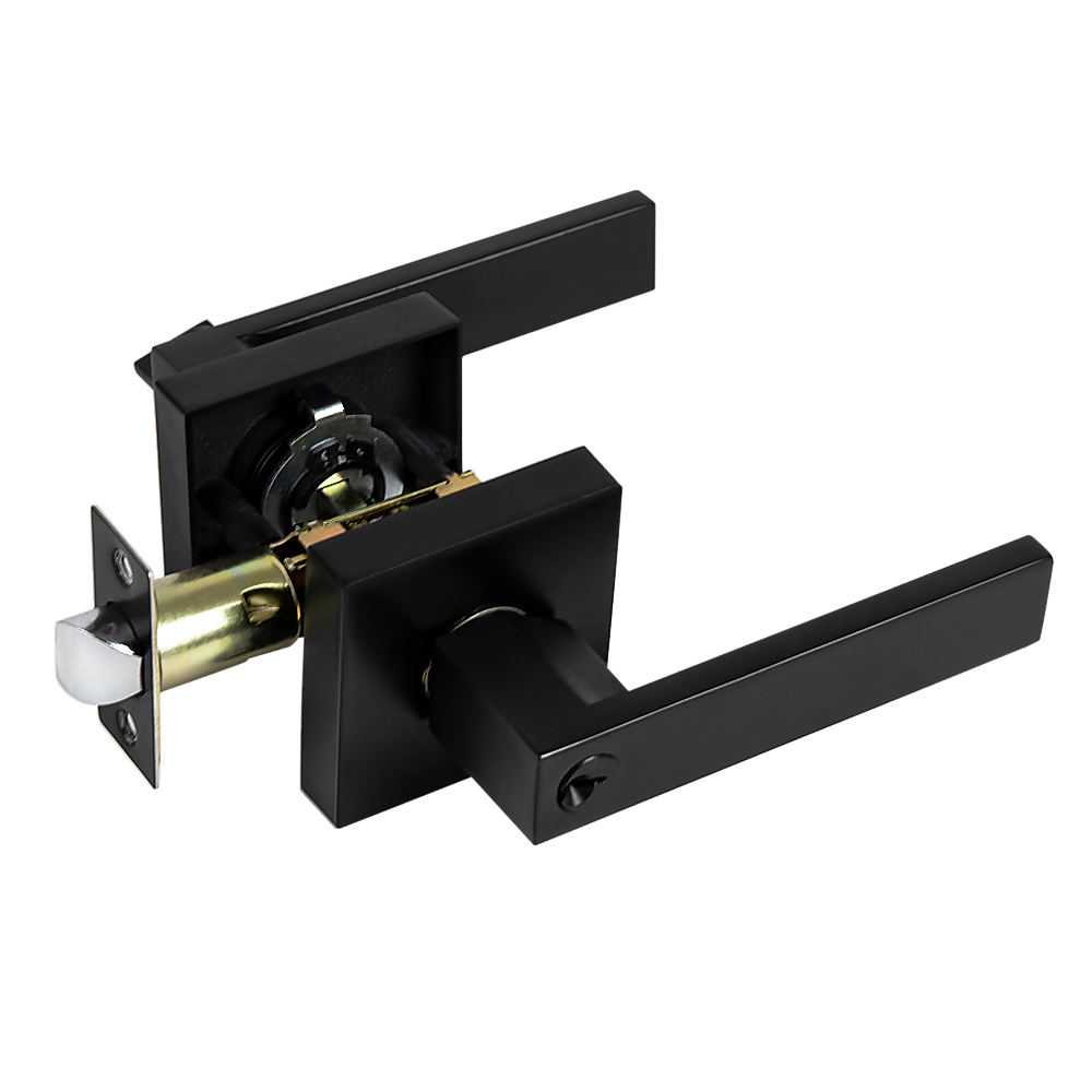 Door Handle Set Lever Key Lock Function Square Black