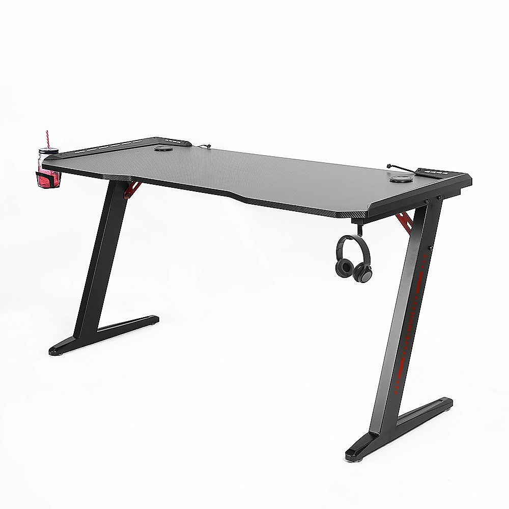 LED Gaming Desk Computer Table with Cup Holder Headphone Hook Cable Hole