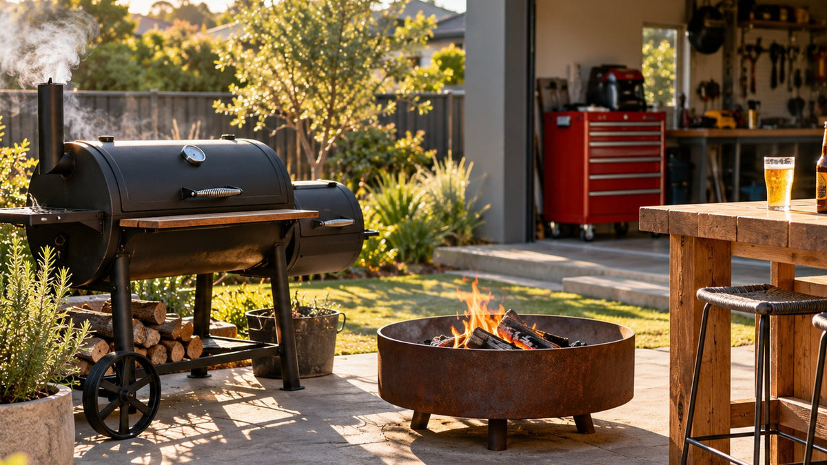 Charcoal smoker, fire pit and tool chest in a sunny Australian backyard